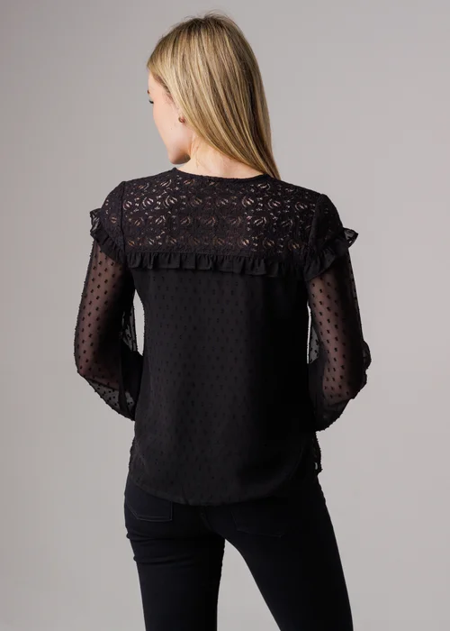 Influence Black Lace Semi-Sheer Long Sleeve Ruffled V-Neck Blouse - 14 Image 2