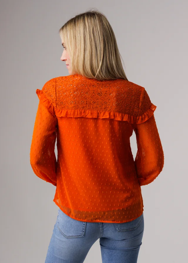 Influence Orange Lace Semi-Sheer Long Sleeve Ruffled V-Neck Blouse