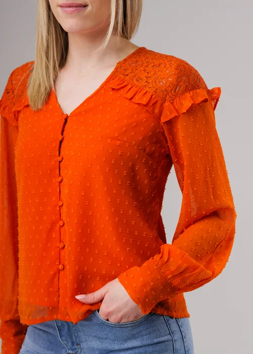 Influence Orange Lace Semi-Sheer Long Sleeve Ruffled V-Neck Blouse - 10 Image 3