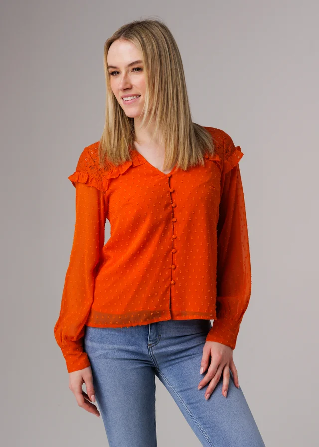 Influence Orange Lace Semi-Sheer Long Sleeve Ruffled V-Neck Blouse