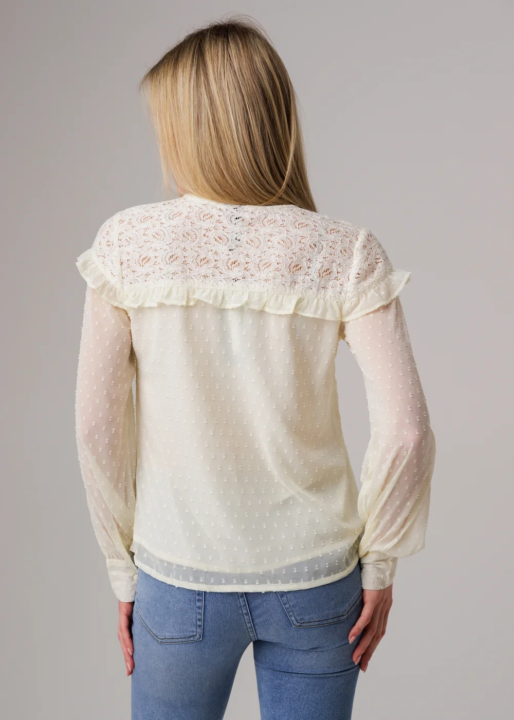 Influence Ivory Lace Semi-Sheer Long Sleeve Ruffled V-Neck Blouse - 8 Image 2