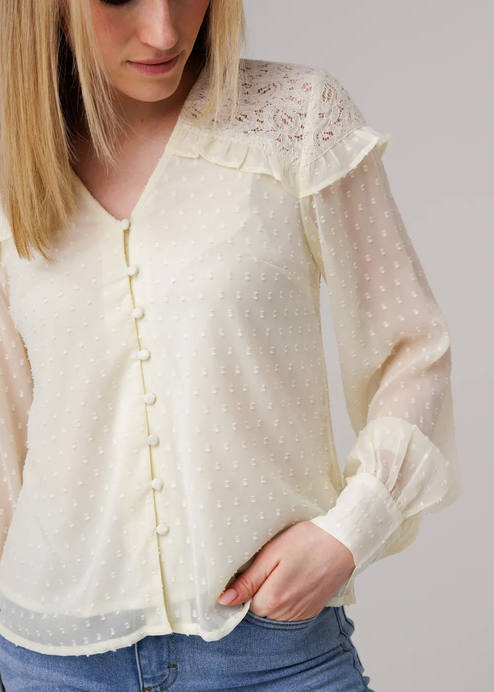 Influence Ivory Lace Semi-Sheer Long Sleeve Ruffled V-Neck Blouse - 8 Image 3