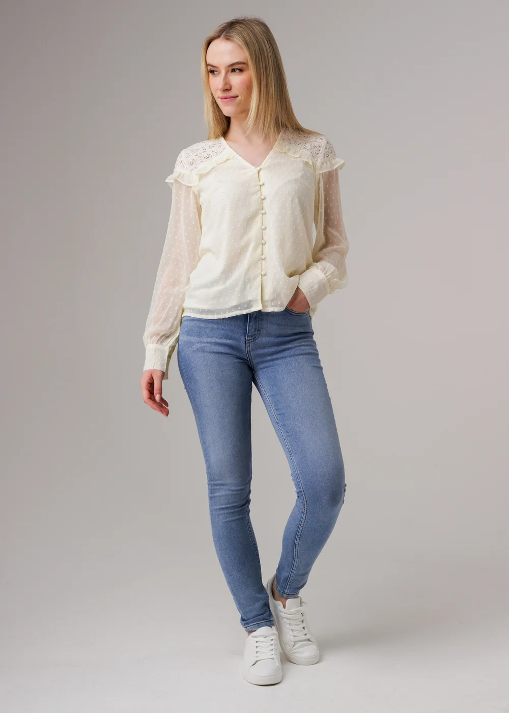 Influence Ivory Lace Semi-Sheer Long Sleeve Ruffled V-Neck Blouse - 8 Image 4