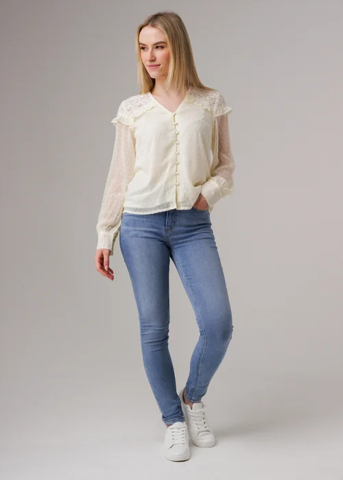 Influence Ivory Lace Semi-Sheer Long Sleeve Ruffled V-Neck Blouse - 8 Image 4