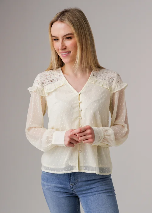 Influence Ivory Lace Semi-Sheer Long Sleeve Ruffled V-Neck Blouse - 8 Image 1
