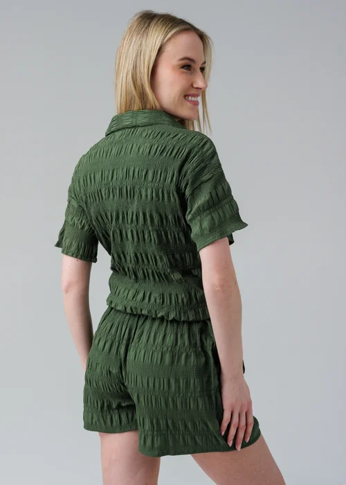Influence Khaki Textured Smocked Tie Front Short Sleeve Shirt - 14 Image 2