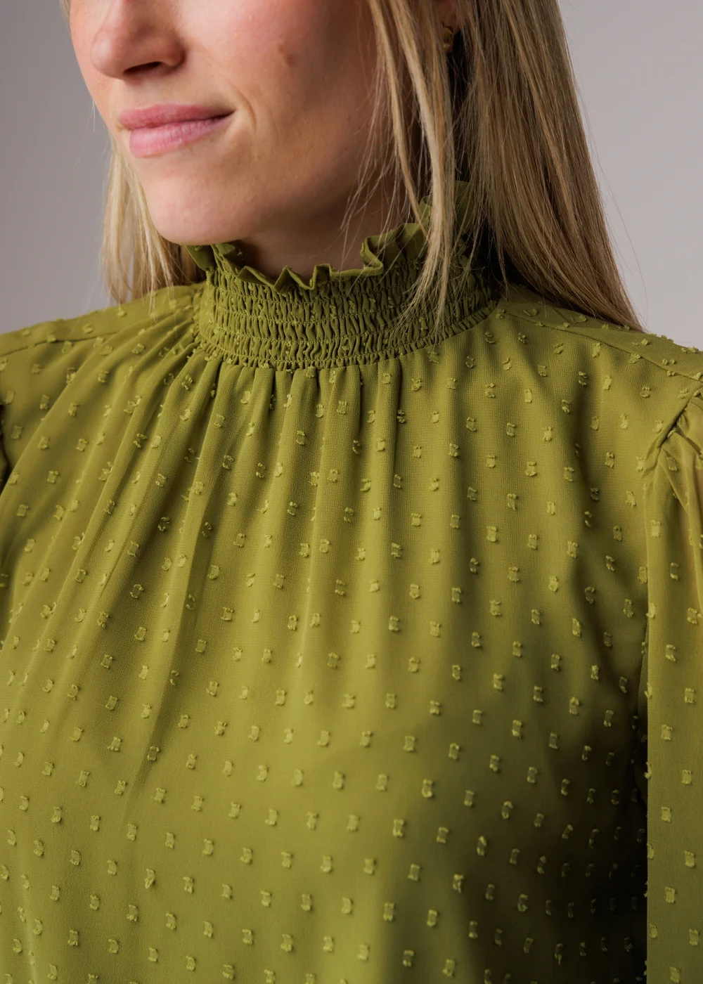 Influence Olive Textured High Neck Smock Long Sleeve Blouse - 10 Image 3