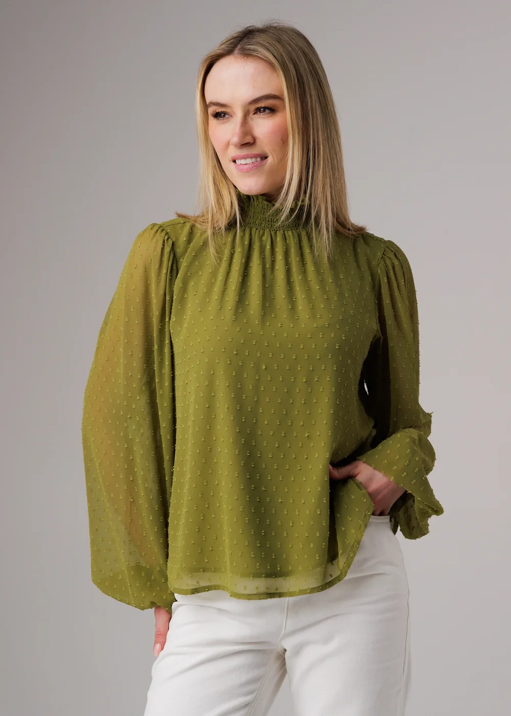 Influence Olive Textured High Neck Smock Long Sleeve Blouse - 10 Image 1