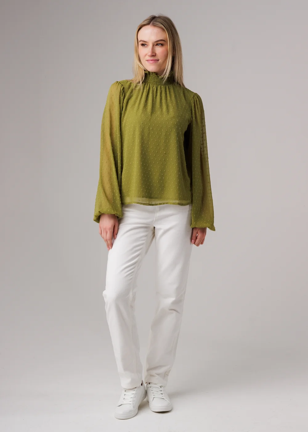 Influence Olive Textured High Neck Smock Long Sleeve Blouse - 10 Image 4