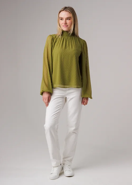 Influence Olive Textured High Neck Smock Long Sleeve Blouse - 10 Image 4