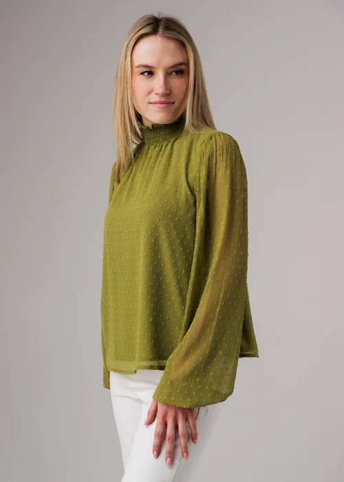 Influence Olive Textured High Neck Smock Long Sleeve Blouse - 10 Image 5
