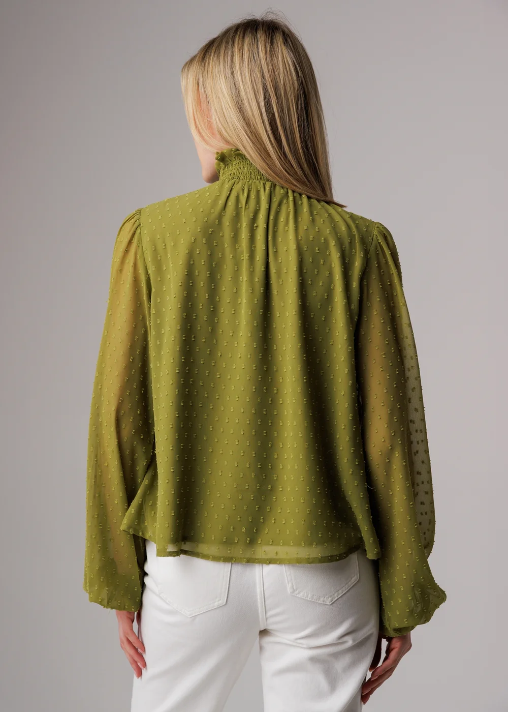 Influence Olive Textured High Neck Smock Long Sleeve Blouse - 10 Image 2