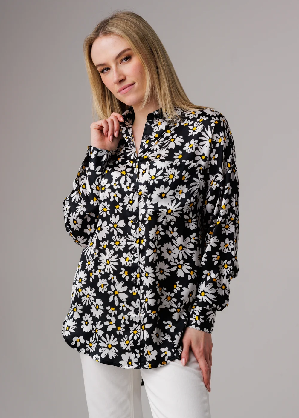 Influence Black Oversized Floral Print Long Sleeve Shirt - 14 Image 1