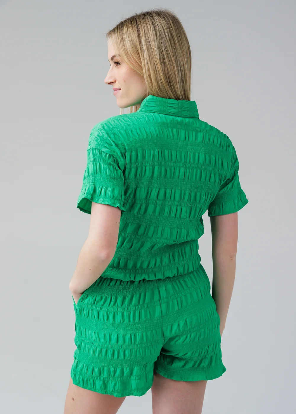 Influence Green Textured Smocked Tie Front Short Sleeve Shirt - 14 Image 2