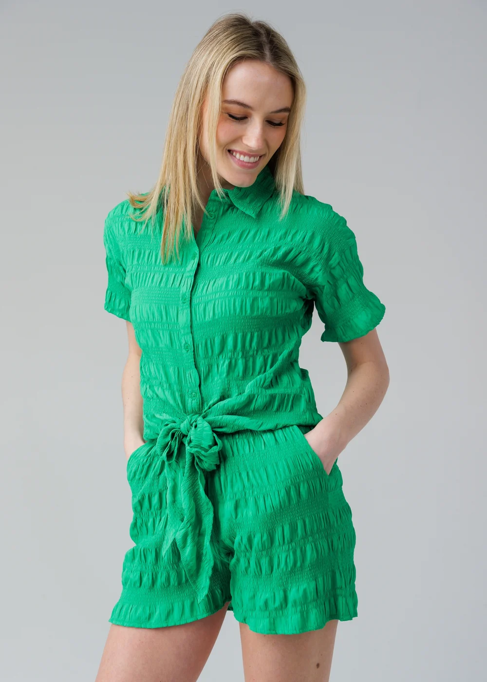 Influence Green Textured Smocked Tie Front Short Sleeve Shirt - 14 Image 1