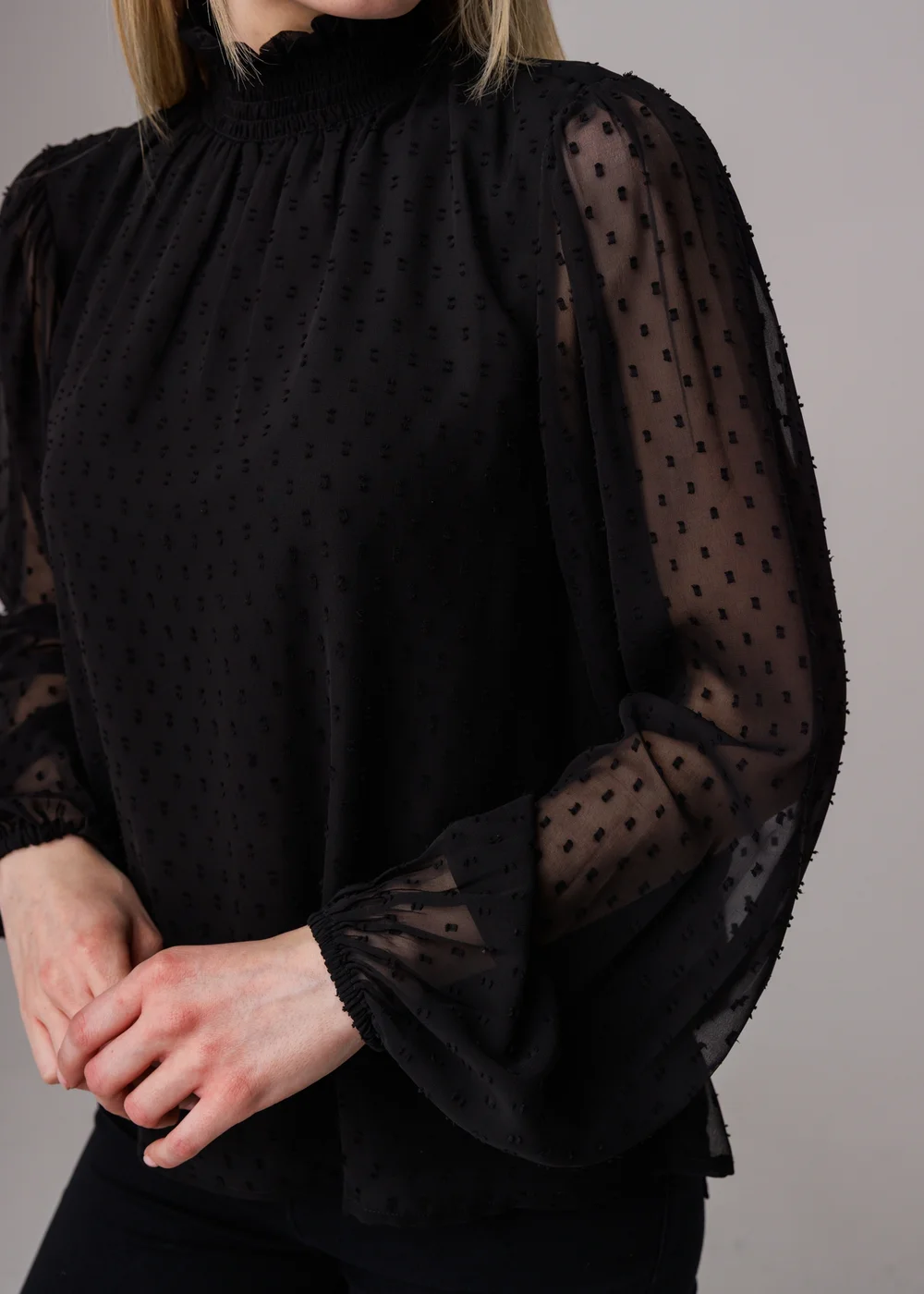 Influence Black Textured High Neck Smock Long Sleeve Blouse - 10 Image 3