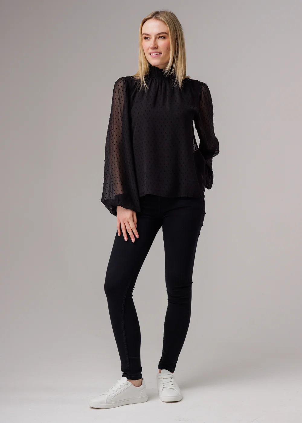 Influence Black Textured High Neck Smock Long Sleeve Blouse - 10 Image 4