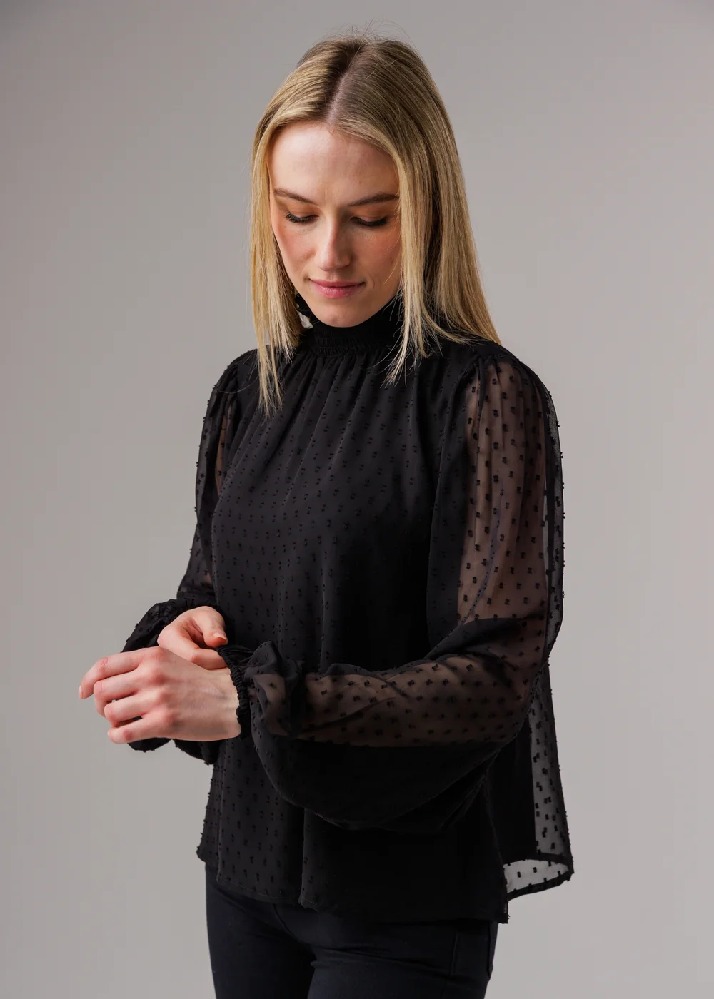 Influence Black Textured High Neck Smock Long Sleeve Blouse - 10 Image 5