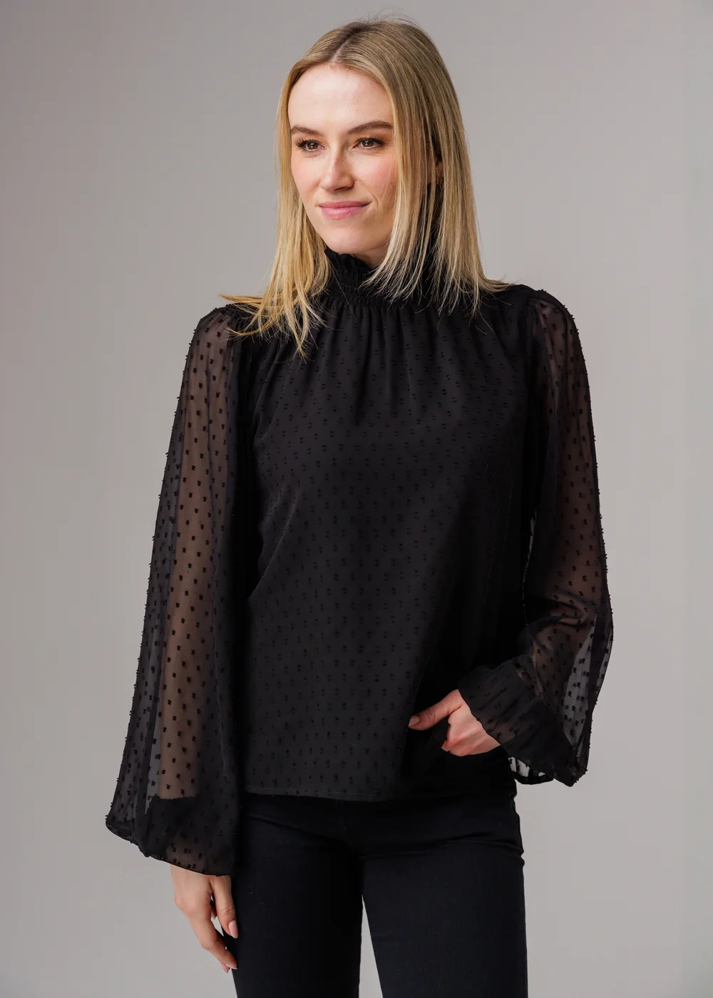Influence Black Textured High Neck Smock Long Sleeve Blouse - 10 Image 1