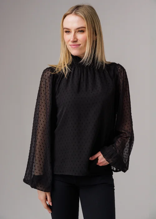 Influence Black Textured High Neck Smock Long Sleeve Blouse - 10 Image 1