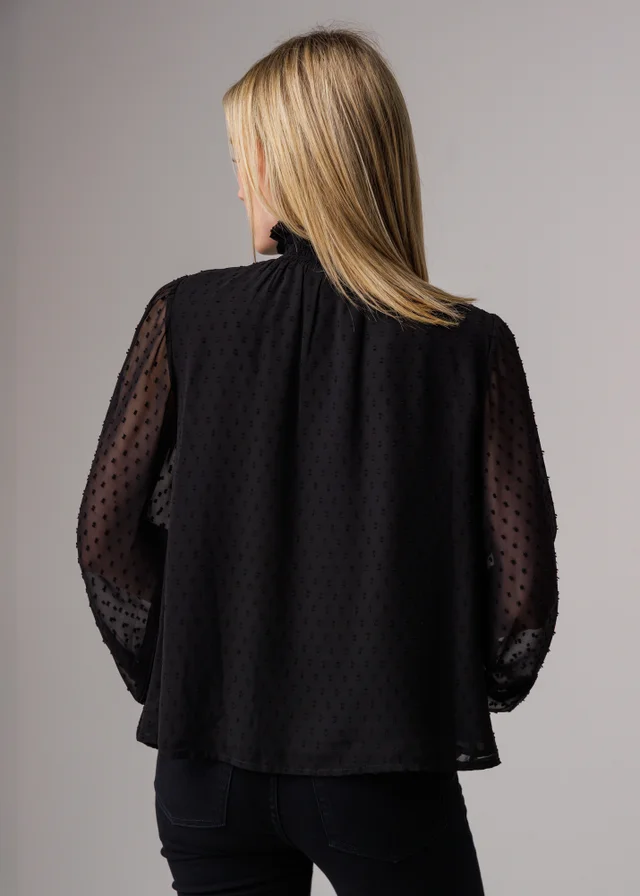 Influence Black Textured High Neck Smock Long Sleeve Blouse