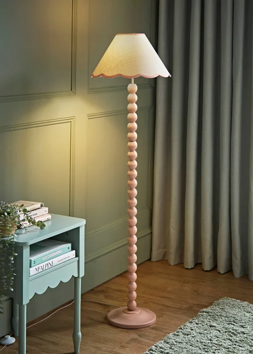 ValueLights Bobble Pink Floor Lamp with Pink Trim Scallop Shade - One Size Image 1
