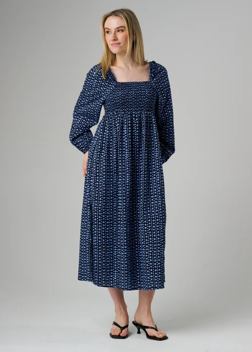 Wednesday’s Girl Blue Polka Dot Square Neck Frill Blouson Sleeve Midi Dress - S Image 1