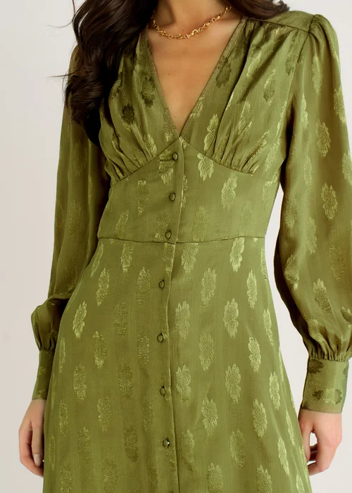 Gini London Green LS Floral Satin Jacquard Maxi Dress - 10 Image 3