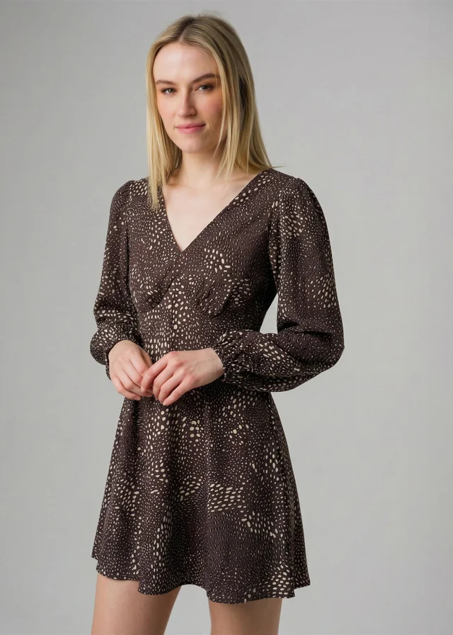 Wednesday’s Girl Brown Long Sleeve V Neck Dot Mini Dress