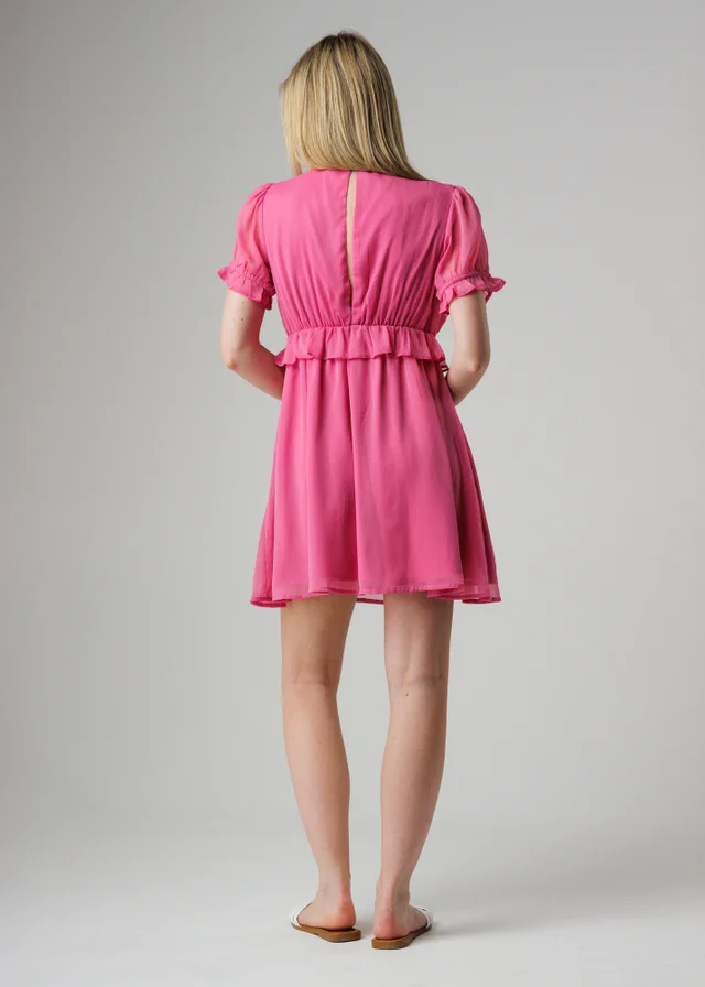 Wednesday’s Girl Pink Ruffle Detail Puff Sleeve Mini Smock Dress