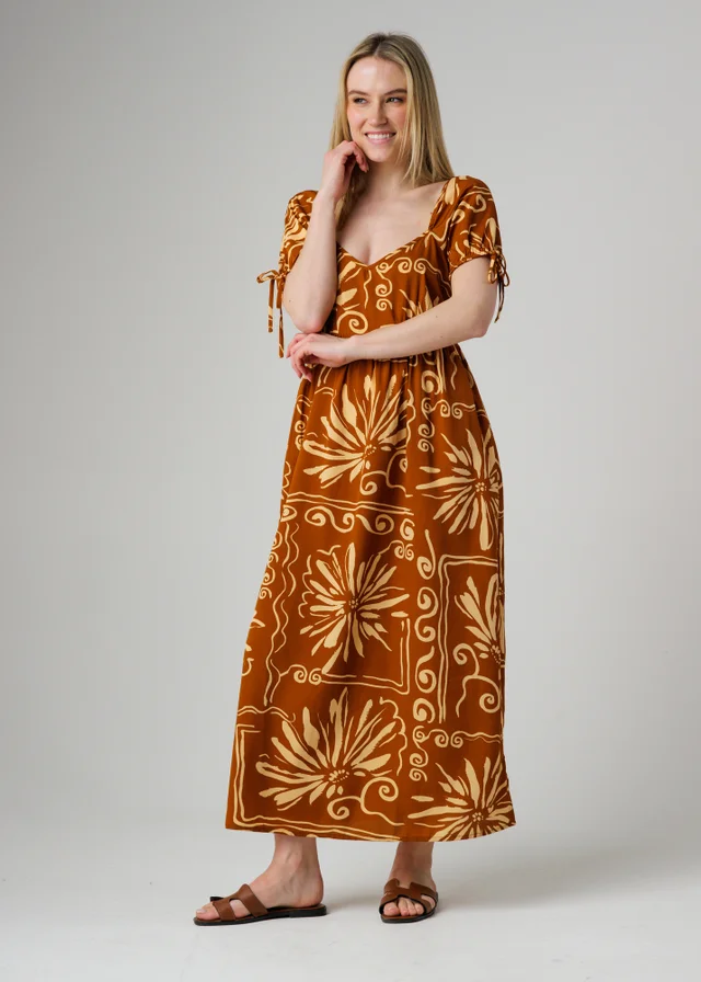 Wednesday’s Girl Brown Floral Puff Sleeve Maxi Dress Tie Detail