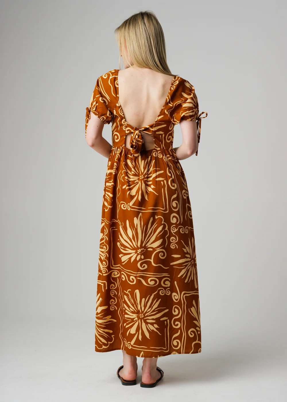 Wednesday’s Girl Brown Floral Puff Sleeve Maxi Dress Tie Detail - M Image 2