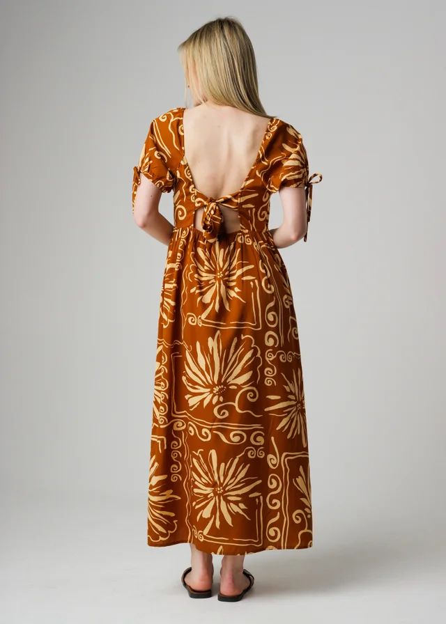 Wednesday’s Girl Brown Floral Puff Sleeve Maxi Dress Tie Detail