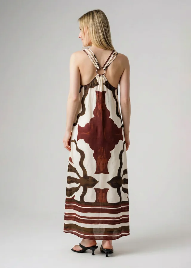 Wednesday’s Girl Brown Geometric Print Strappy V-Neck Midi Dress