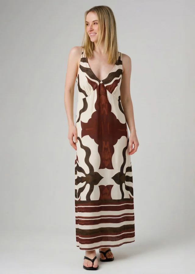 Wednesday’s Girl Brown Geometric Print Strappy V-Neck Midi Dress