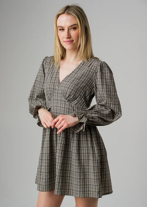 Wednesday’s Girl Black Check Print V Neck Frill Cuff Long Sleeve Mini Dress - XS Image 1