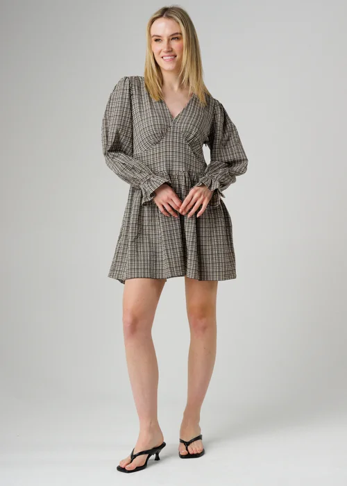 Wednesday’s Girl Black Check Print V Neck Frill Cuff Long Sleeve Mini Dress - XS Image 2
