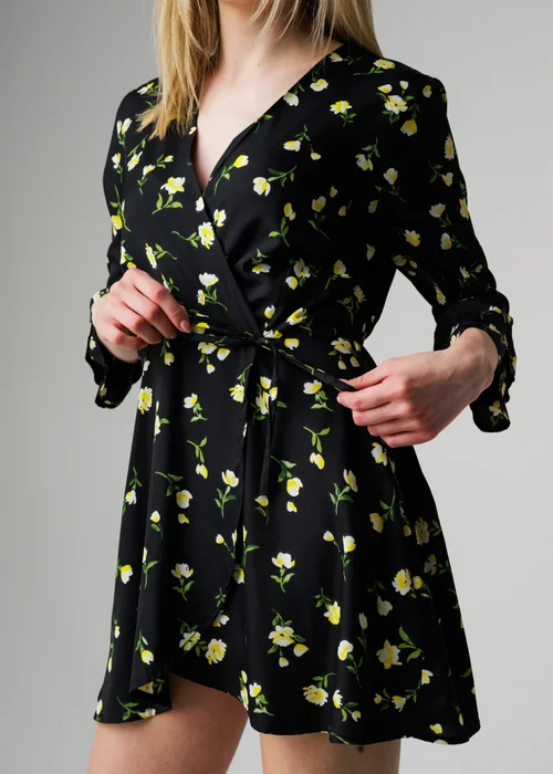 Wednesday’s Girl Black Floral Print Frill Sleeve Wrap Mini Dress - S Image 2