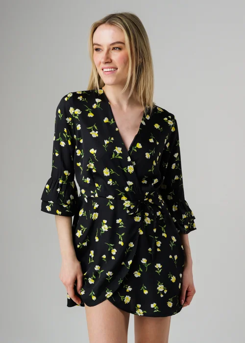 Wednesday’s Girl Black Floral Print Frill Sleeve Wrap Mini Dress - S Image 1