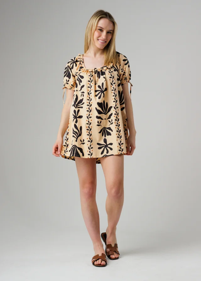 Wednesday’s Girl Beige Cotton Floral Puff Sleeve Smock Mini Dress