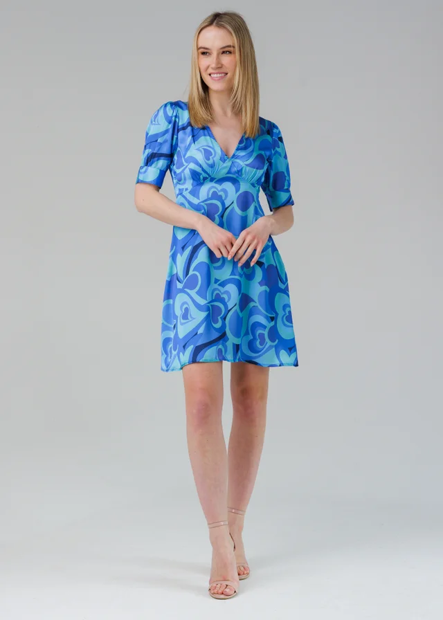 Influence Blue Short Sleeve Plunge Neck Printed Tea Dress
