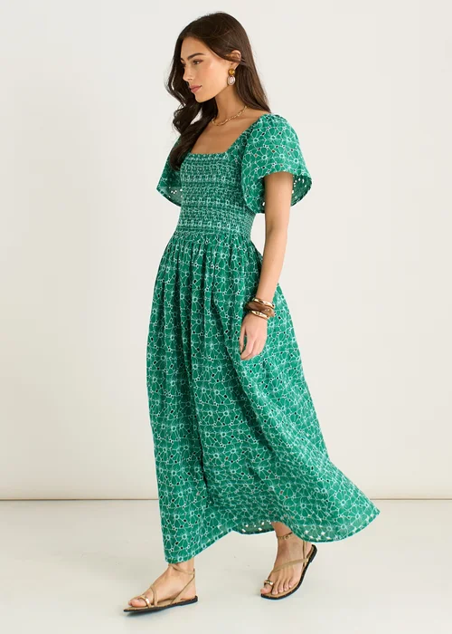 Gini London Green Floral Broderie Shirred Midi Dress - 10 Image 4