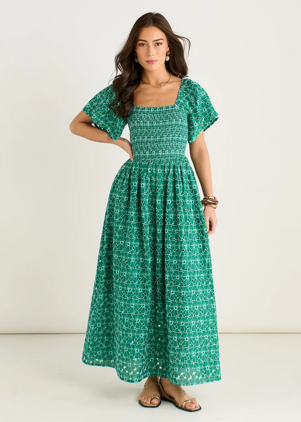 Gini London Green Floral Broderie Shirred Midi Dress - 10 Image 1
