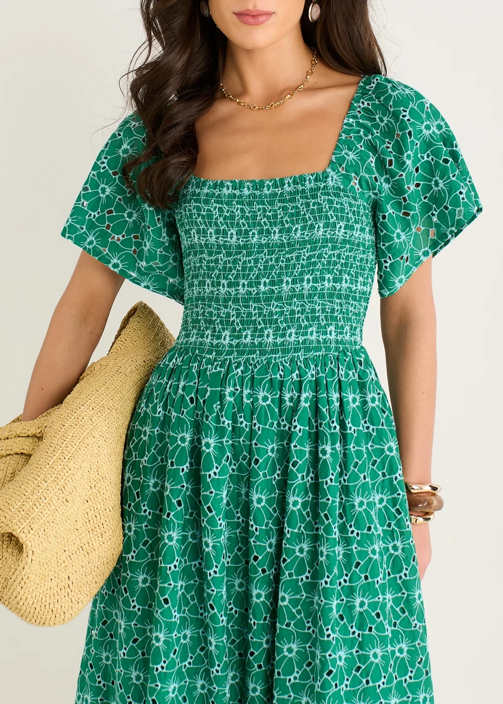Gini London Green Floral Broderie Shirred Midi Dress - 10 Image 3