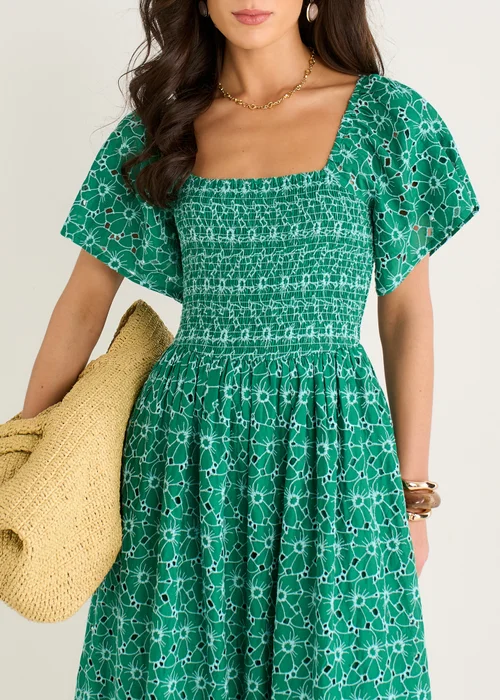 Gini London Green Floral Broderie Shirred Midi Dress - 10 Image 3