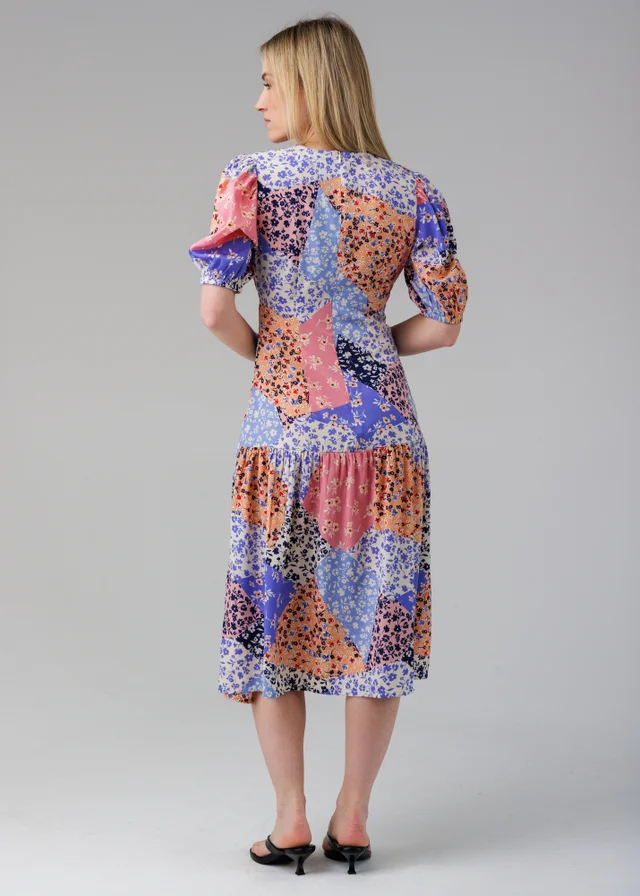 Influence Blue Long Sleeve Printed V-Neck Midi Dress