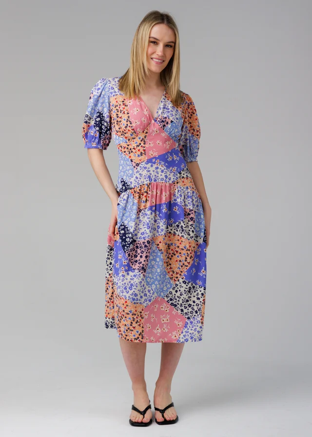 Influence Blue Long Sleeve Printed V-Neck Midi Dress