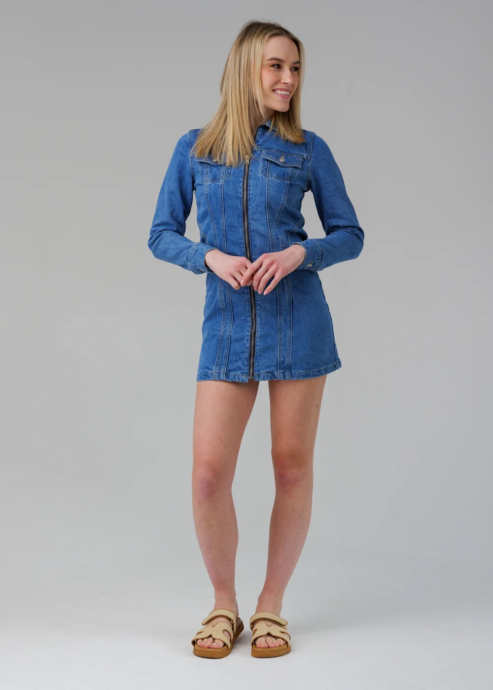 Influence Blue Cotton Long Sleeve Zip Fastening Collared Denim Mini Dress - 10 Image 4