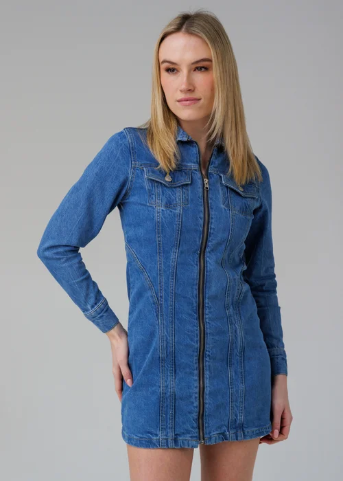 Influence Blue Cotton Long Sleeve Zip Fastening Collared Denim Mini Dress - 10 Image 1