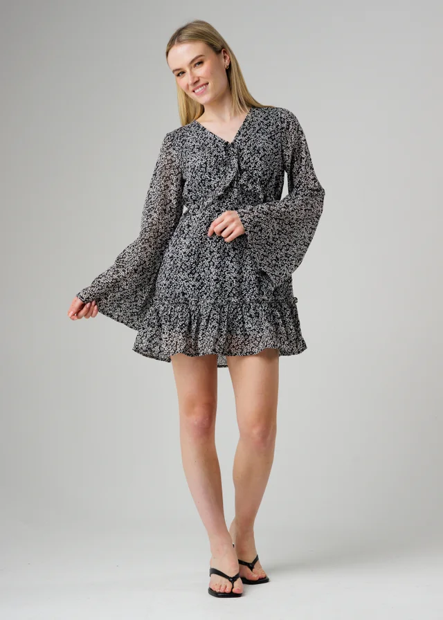 Wednesday’s Girl Black Floral V Neck Angel Sleeve Mini Dress